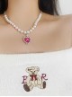 Personality Hip Hop Sweet Cool Pearl Chain Pink Heart Diamond Pendant Kawaii Fashion Clavicle Chain Necklace