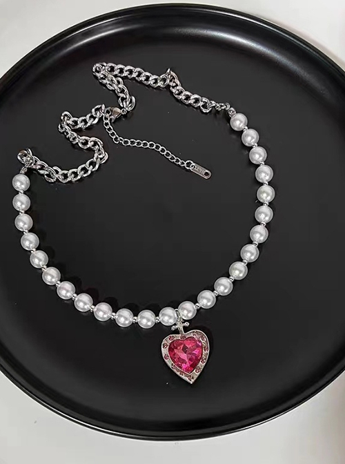 Personality Hip Hop Sweet Cool Pearl Chain Pink Heart Diamond Pendant Kawaii Fashion Clavicle Chain Necklace