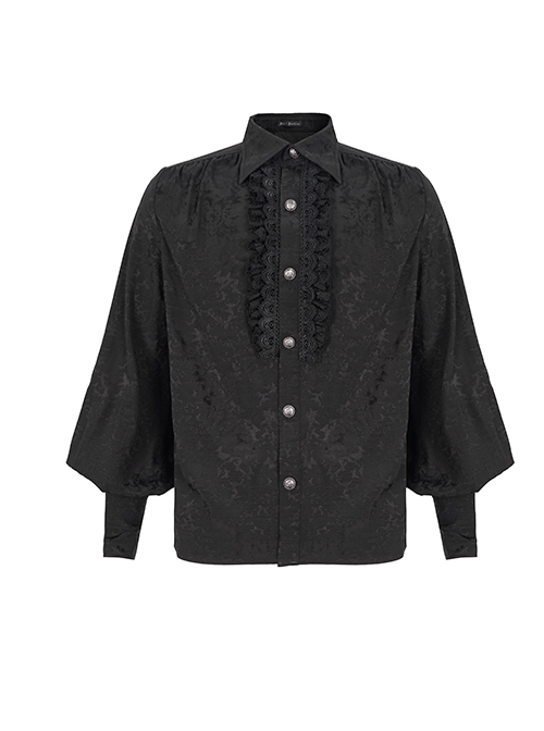 Gothic Style Gorgeous Pattern Print Front Center Pleated Lace Ruffle Decoration With Metal Buttons Black Lapel Lantern Sleeve Shirt