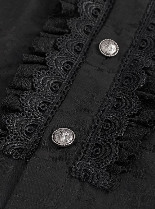 Gothic Style Gorgeous Pattern Print Front Center Pleated Lace Ruffle Decoration With Metal Buttons Black Lapel Lantern Sleeve Shirt