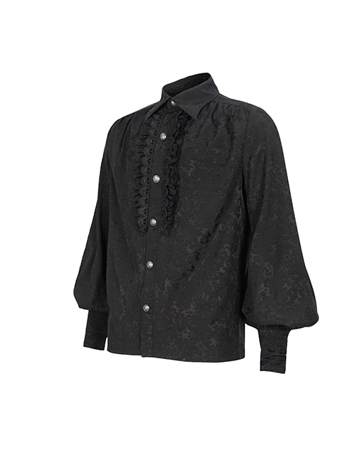 Gothic Style Gorgeous Pattern Print Front Center Pleated Lace Ruffle Decoration With Metal Buttons Black Lapel Lantern Sleeve Shirt