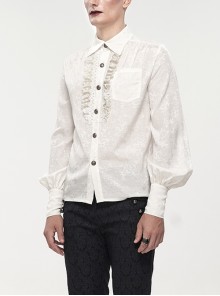 Gothic Style Gorgeous Pattern Print Front Center Pleated Lace Ruffle Decoration With Metal Buttons White Lapel Lantern Sleeve Shirt