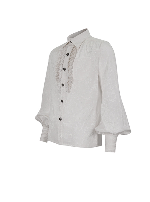 Gothic Style Gorgeous Pattern Print Front Center Pleated Lace Ruffle Decoration With Metal Buttons White Lapel Lantern Sleeve Shirt