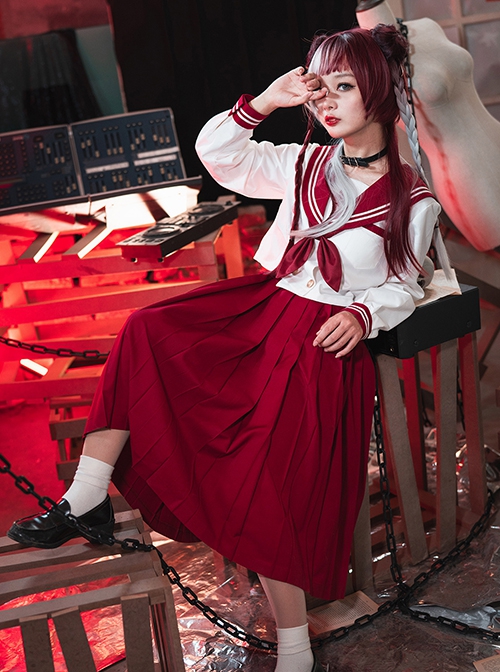 War And Roses Series Japanese Style Student Uniform Red Kawaii Fashion Sailor Collar Long Sleeves Shirt Skirt JK Suit