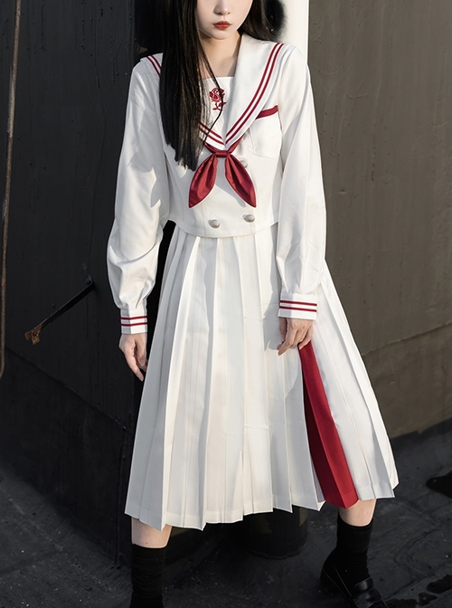 War And Roses Series Kawaii Fashion Japanese Style Student White Collar Long Sleeve Top Sailor Collar Shirt Skirt JK Suit