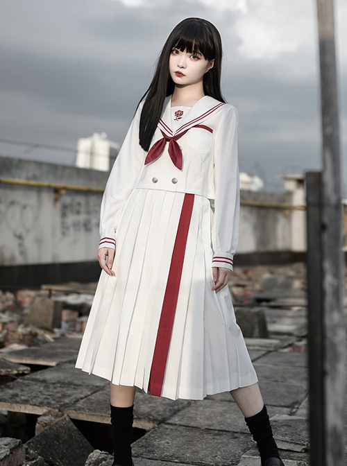 War And Roses Series Kawaii Fashion Japanese Style Student White Collar Long Sleeve Top Sailor Collar Shirt Skirt JK Suit