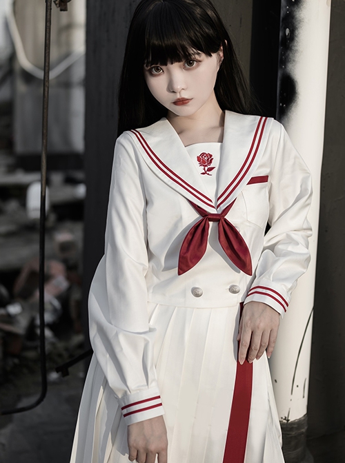 War And Roses Series Kawaii Fashion Japanese Style Student White Collar Long Sleeve Top Sailor Collar Shirt Skirt JK Suit