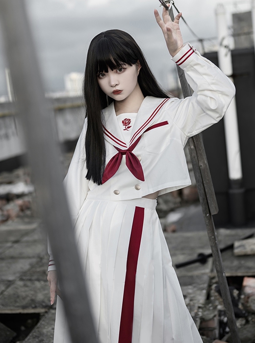 War And Roses Series Kawaii Fashion Japanese Style Student White Collar Long Sleeve Top Sailor Collar Shirt Skirt JK Suit