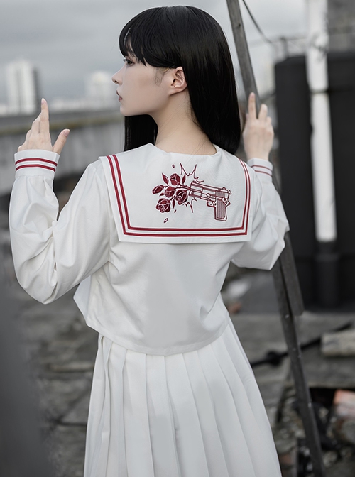 War And Roses Series Kawaii Fashion Japanese Style Student White Collar Long Sleeve Top Sailor Collar Shirt Skirt JK Suit