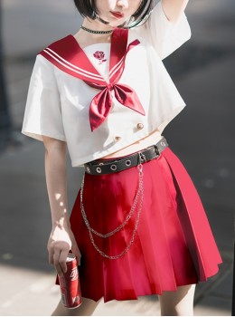 War And Roses Series Summer Japanese Style JK Kawaii Fashion Collar Short Sleeve Top Sailor Collar Shirt Skirt Suit