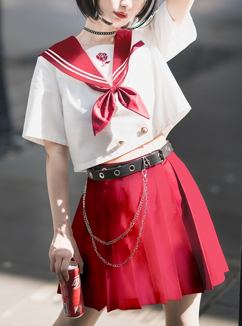 War And Roses Series Summer Japanese Style JK Kawaii Fashion Collar Short Sleeve Top Sailor Collar Shirt Skirt Suit