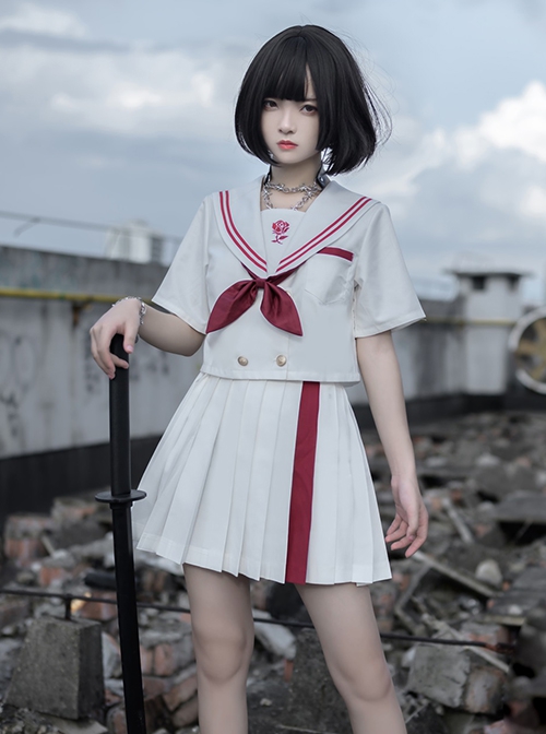 War And Roses Series Summer Japanese Style JK Kawaii Fashion Collar Short Sleeve Top Sailor Collar Shirt Skirt Suit