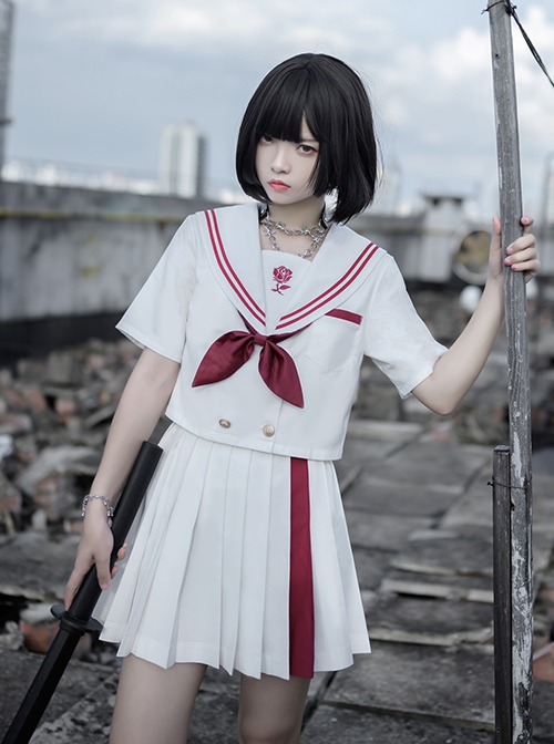 War And Roses Series Summer Japanese Style JK Kawaii Fashion Collar Short Sleeve Top Sailor Collar Shirt Skirt Suit