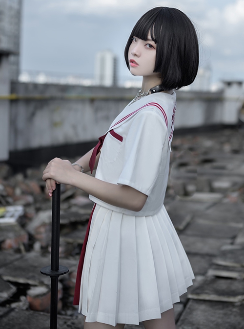 War And Roses Series Summer Japanese Style JK Kawaii Fashion Collar Short Sleeve Top Sailor Collar Shirt Skirt Suit