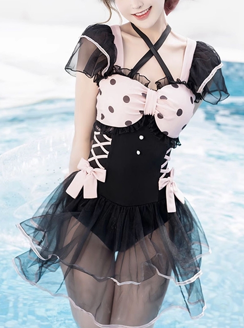 Hot Meow Mermaid Girl Series Girly Style Sweet Lolita Black Sexy Mesh Yarn Pink Ribbon Bowknot One-Piece Swimsuit