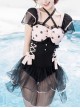 Hot Meow Mermaid Girl Series Girly Style Sweet Lolita Black Sexy Mesh Yarn Pink Ribbon Bowknot One-Piece Swimsuit