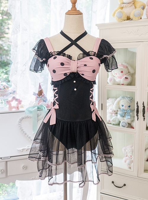 Hot Meow Mermaid Girl Series Girly Style Sweet Lolita Black Sexy Mesh Yarn Pink Ribbon Bowknot One-Piece Swimsuit