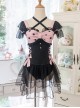 Hot Meow Mermaid Girl Series Girly Style Sweet Lolita Black Sexy Mesh Yarn Pink Ribbon Bowknot One-Piece Swimsuit