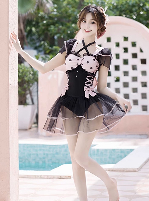 Hot Meow Mermaid Girl Series Girly Style Sweet Lolita Black Sexy Mesh Yarn Pink Ribbon Bowknot One-Piece Swimsuit