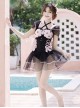 Hot Meow Mermaid Girl Series Girly Style Sweet Lolita Black Sexy Mesh Yarn Pink Ribbon Bowknot One-Piece Swimsuit