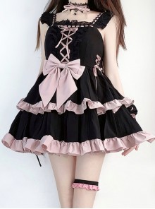 Emotional Ballet Series Princess Style Black Pink Lace Ruffle Sweet Lolita Ribbon Bowknot Dress Necklace Set