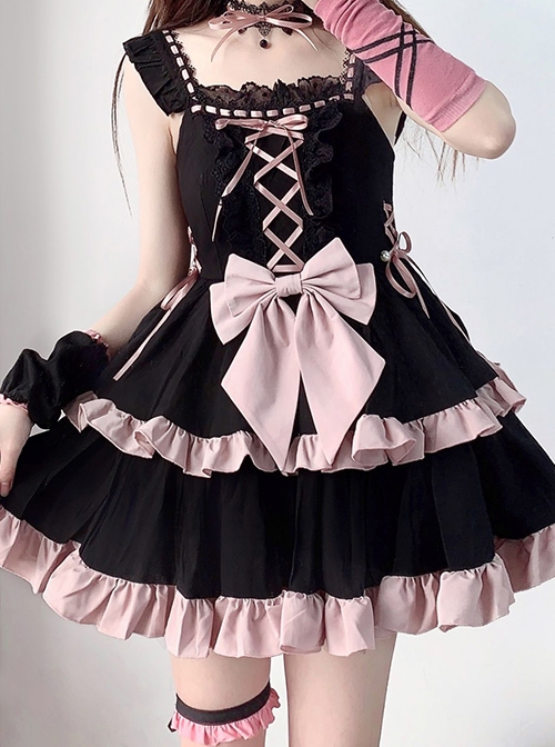 Emotional Ballet Series Princess Style Black Pink Lace Ruffle Sweet Lolita Ribbon Bowknot Dress Necklace Set