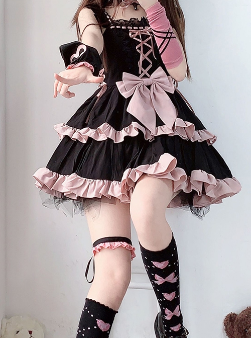 Emotional Ballet Series Princess Style Black Pink Lace Ruffle Sweet Lolita Ribbon Bowknot Dress Necklace Set