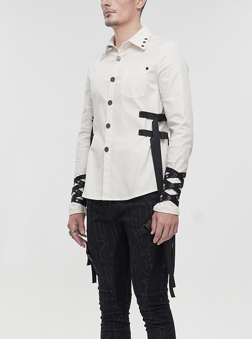 Punk Style Everyday Thickened Fabric Side Nylon Shoulder Straps With Quick Release Buckle White Long Sleeved Shirt