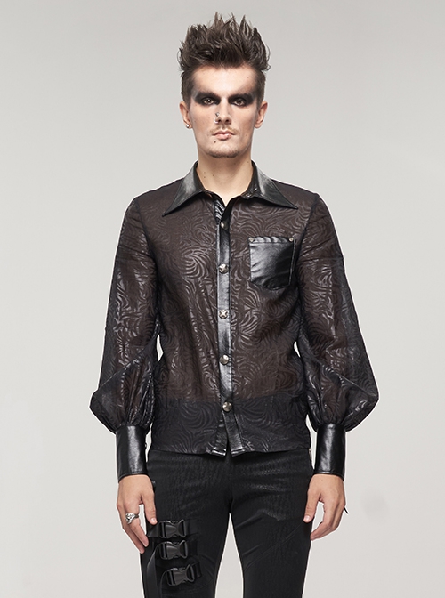 Punk Style Sexy Slightly Transparent Vertical Stripes Printed Stitching Leather Black Long Sleeved Lapel Shirt