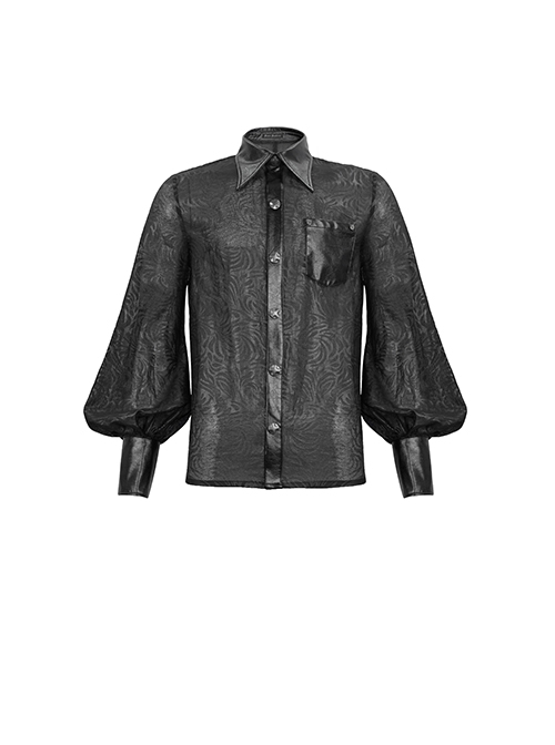 Punk Style Sexy Slightly Transparent Vertical Stripes Printed Stitching Leather Black Long Sleeved Lapel Shirt