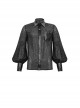 Punk Style Sexy Slightly Transparent Vertical Stripes Printed Stitching Leather Black Long Sleeved Lapel Shirt