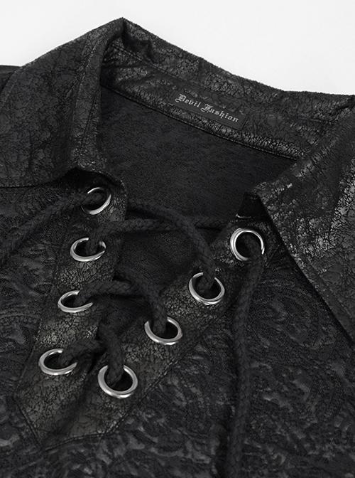 Gothic Style Elastic Print Rubber Knitted Patchwork Leather Fabric Collar Eyelet Tie Black Everyday Long Sleeve Shirt