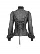 Gothic Style Sexy Slightly Transparent Ruffled Stand Collar Lace Applique Shoulder Ribbon Decoration Black Long Sleeved Shirt