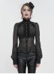 Gothic Style Sexy Slightly Transparent Ruffled Stand Collar Lace Applique Shoulder Ribbon Decoration Black Long Sleeved Shirt