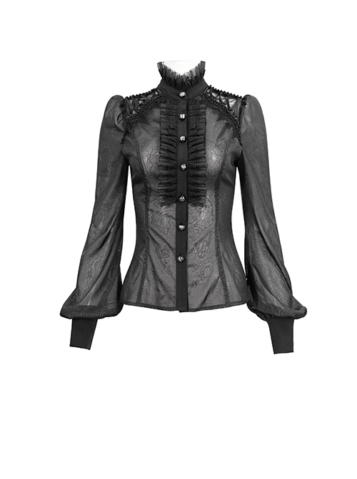 Gothic Style Sexy Slightly Transparent Ruffled Stand Collar Lace Applique Shoulder Ribbon Decoration Black Long Sleeved Shirt