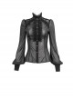 Gothic Style Sexy Slightly Transparent Ruffled Stand Collar Lace Applique Shoulder Ribbon Decoration Black Long Sleeved Shirt