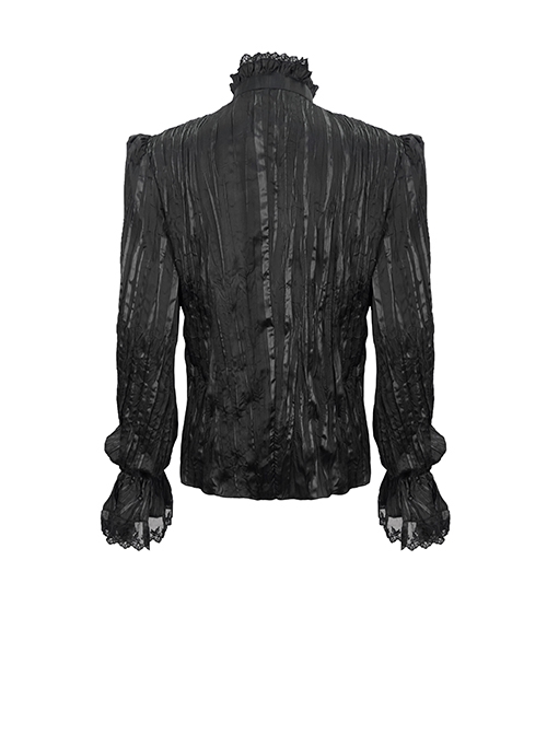 Gothic Vertical Stripes Loose Pleated Stitching Lace Black Stand Collar Long Sleeve Vintage Shirt