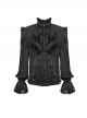 Gothic Vertical Stripes Loose Pleated Stitching Lace Black Stand Collar Long Sleeve Vintage Shirt