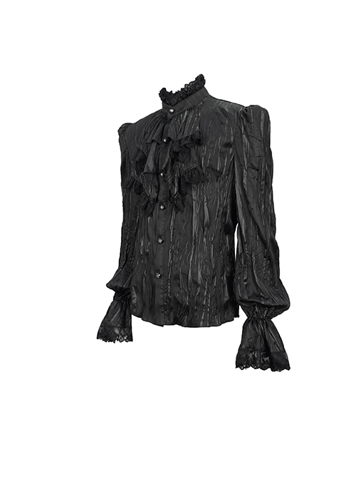 Gothic Vertical Stripes Loose Pleated Stitching Lace Black Stand Collar Long Sleeve Vintage Shirt