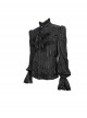 Gothic Vertical Stripes Loose Pleated Stitching Lace Black Stand Collar Long Sleeve Vintage Shirt