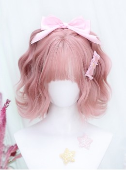 Japanese Style Quadratic Element Peach Pink Flat Bangs Short Curly Hair Sweet Lolita Full Head Wig