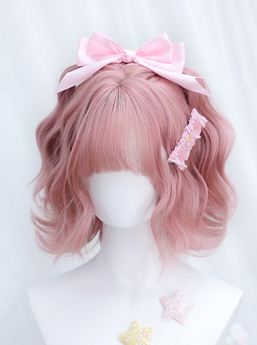 Japanese Style Quadratic Element Peach Pink Flat Bangs Short Curly Hair Sweet Lolita Full Head Wig