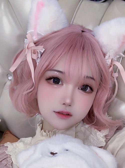 Japanese Style Quadratic Element Peach Pink Flat Bangs Short Curly Hair Sweet Lolita Full Head Wig