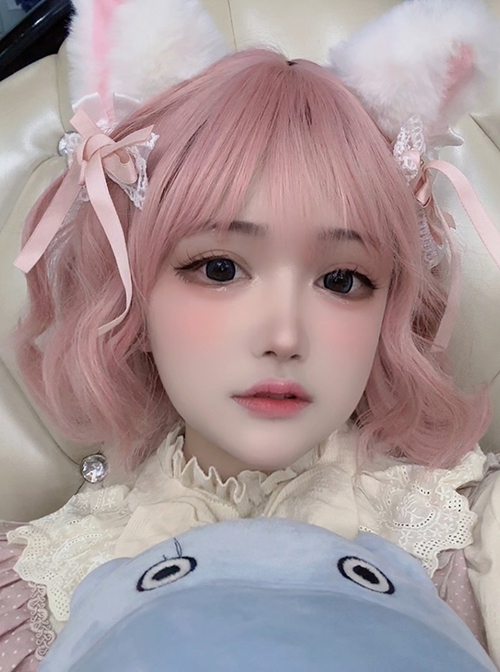 Japanese Style Quadratic Element Peach Pink Flat Bangs Short Curly Hair Sweet Lolita Full Head Wig