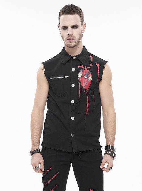 Punk Style Wild Sleeveless Raw Edge Heart Pattern On The Chest Black Lapel Daily Shirt