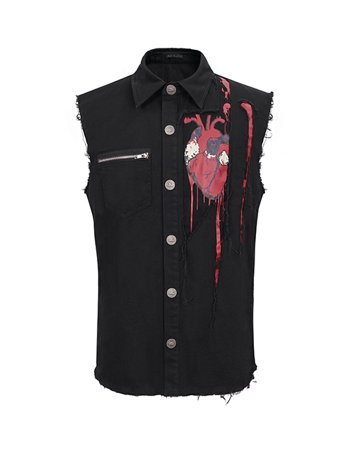 Punk Style Wild Sleeveless Raw Edge Heart Pattern On The Chest Black Lapel Daily Shirt