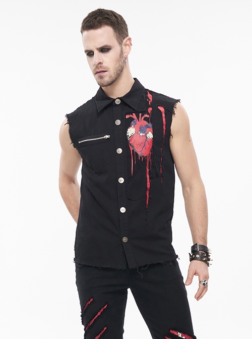 Punk Style Wild Sleeveless Raw Edge Heart Pattern On The Chest Black Lapel Daily Shirt