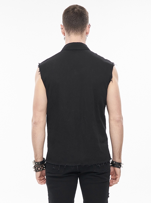 Punk Style Wild Sleeveless Raw Edge Heart Pattern On The Chest Black Lapel Daily Shirt