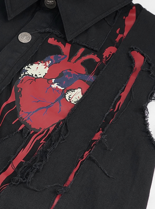 Punk Style Wild Sleeveless Raw Edge Heart Pattern On The Chest Black Lapel Daily Shirt