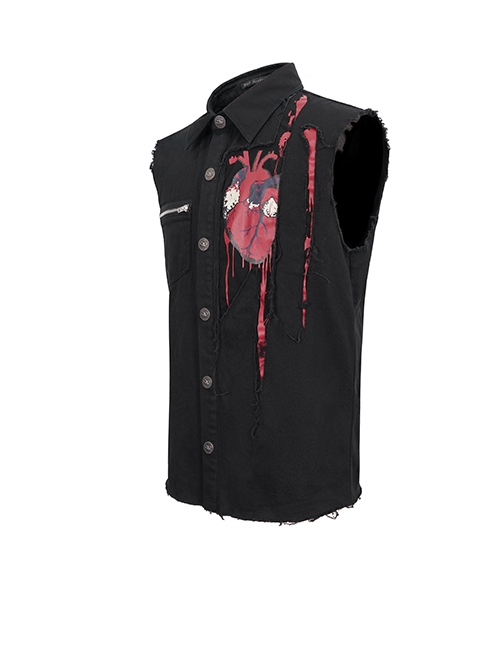 Punk Style Wild Sleeveless Raw Edge Heart Pattern On The Chest Black Lapel Daily Shirt